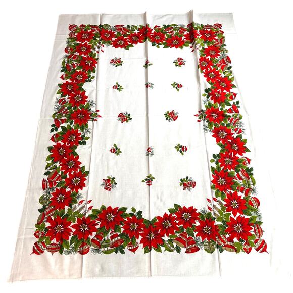 Vintage Christmas tablecloth cotton printed in festive red poinsettias border - Picture 1 of 10